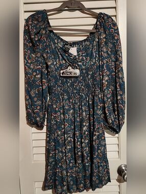 Angie Teal Floral Smock Midi Dress with Puff Sleeves